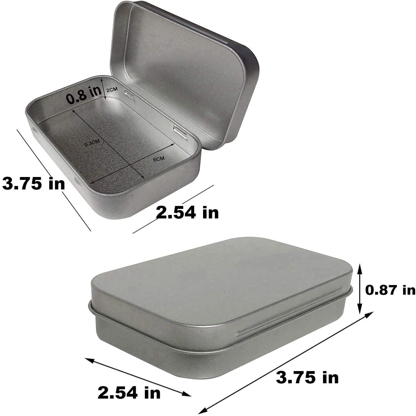 Hulless Small Hinged Tin Box Metal Tins 3.8” X 2.6” (6 Count), Silver