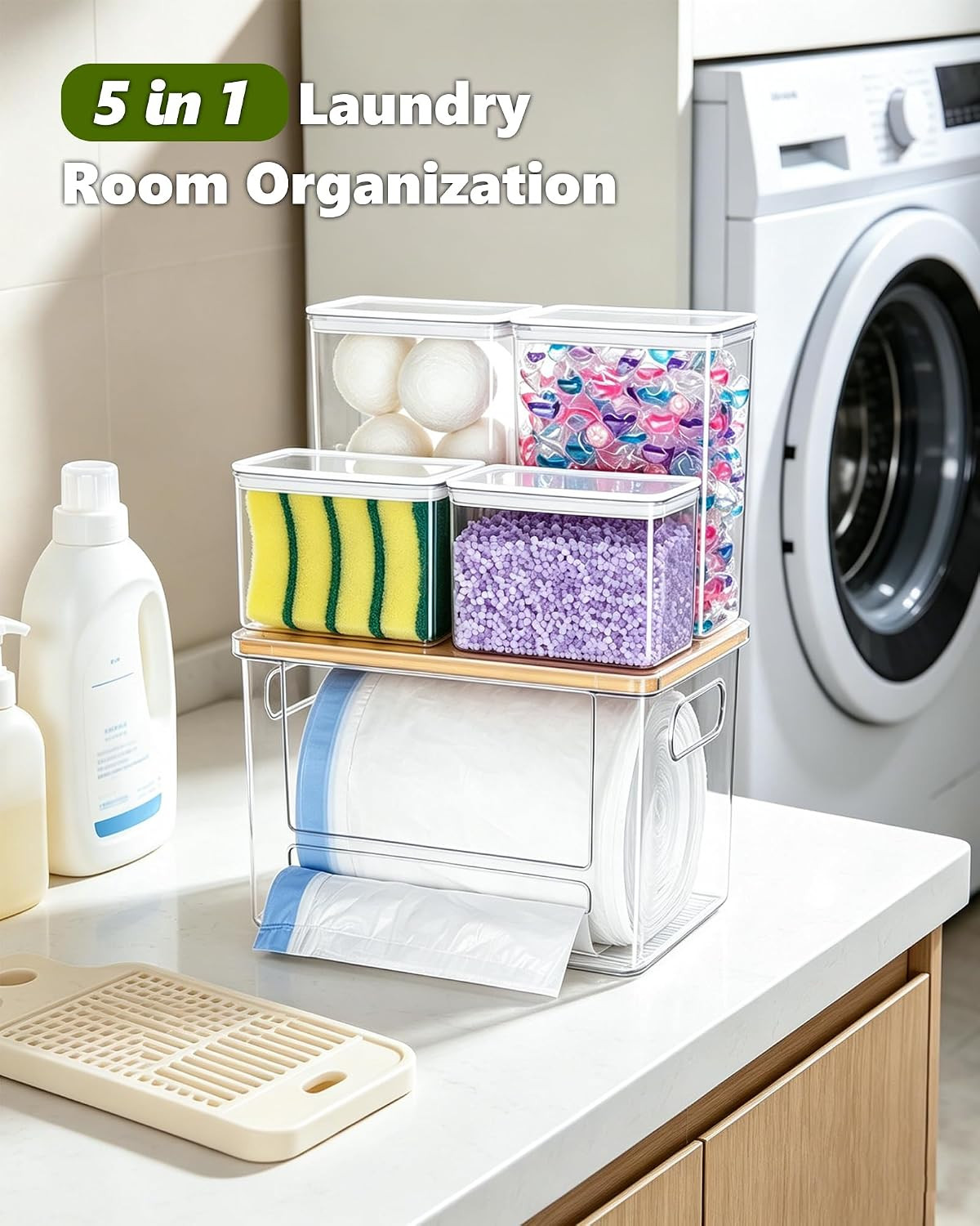 5 in 1 Trash Bag Holder Dispenser Dishwasher & Laundry Pods Container | Large St