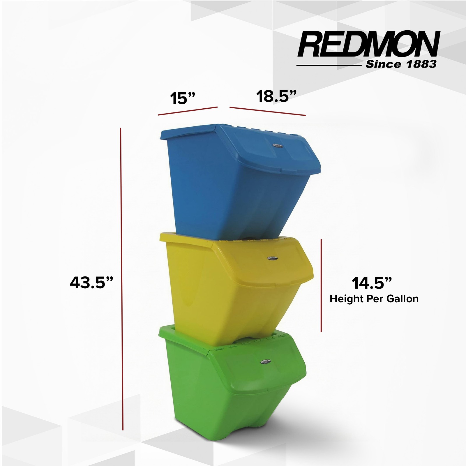 Redmon 10-Gal Stackable Shutter Bins, 3-Piece Recycling Storage Set, Multi-Color