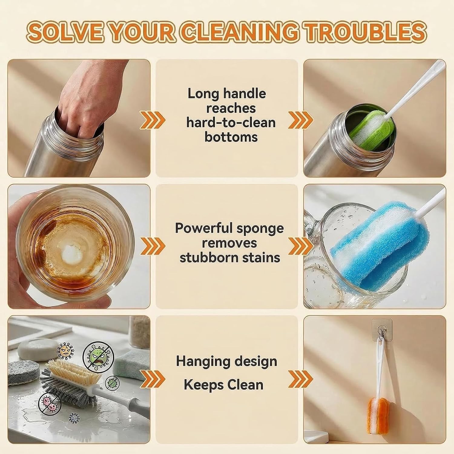 3PCS Soft Hanging Sponge Cleaning Brush Cleaner with Long Handle Cup Feeding …