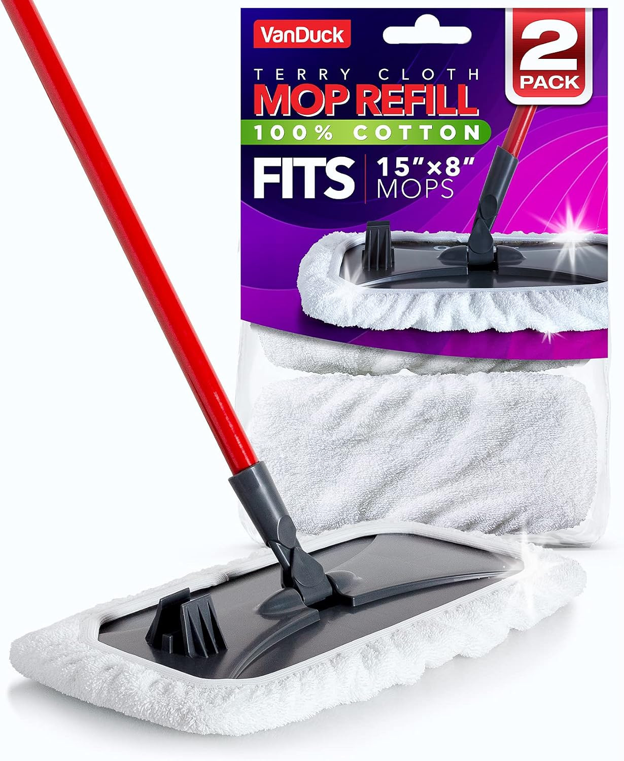 100% Cotton Terry Mop Pads 15X8 Inches, 2-Pack | Reusable Terry Cloth