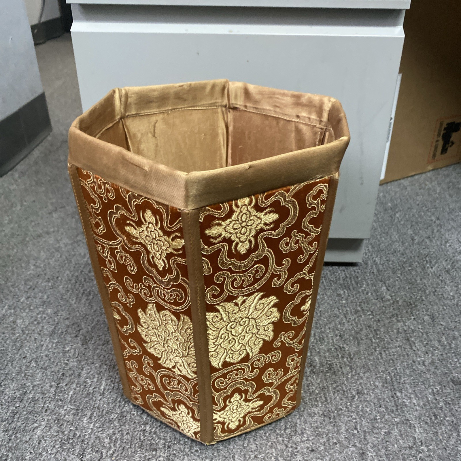 VTG Chinese Silk Brocade Hexagonal Waste paper Trash Basket Mcm 11.5x9x8″