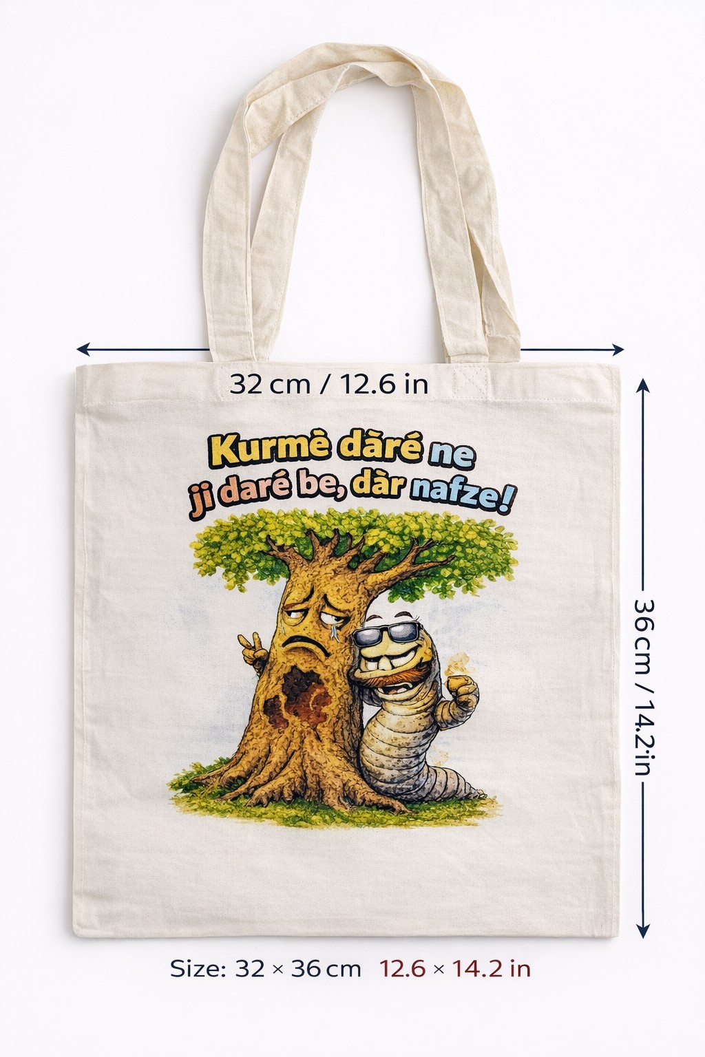 Kurdish Proverb Tote Bag 32×36 cm – Funny Kurdish Tree Worm Design