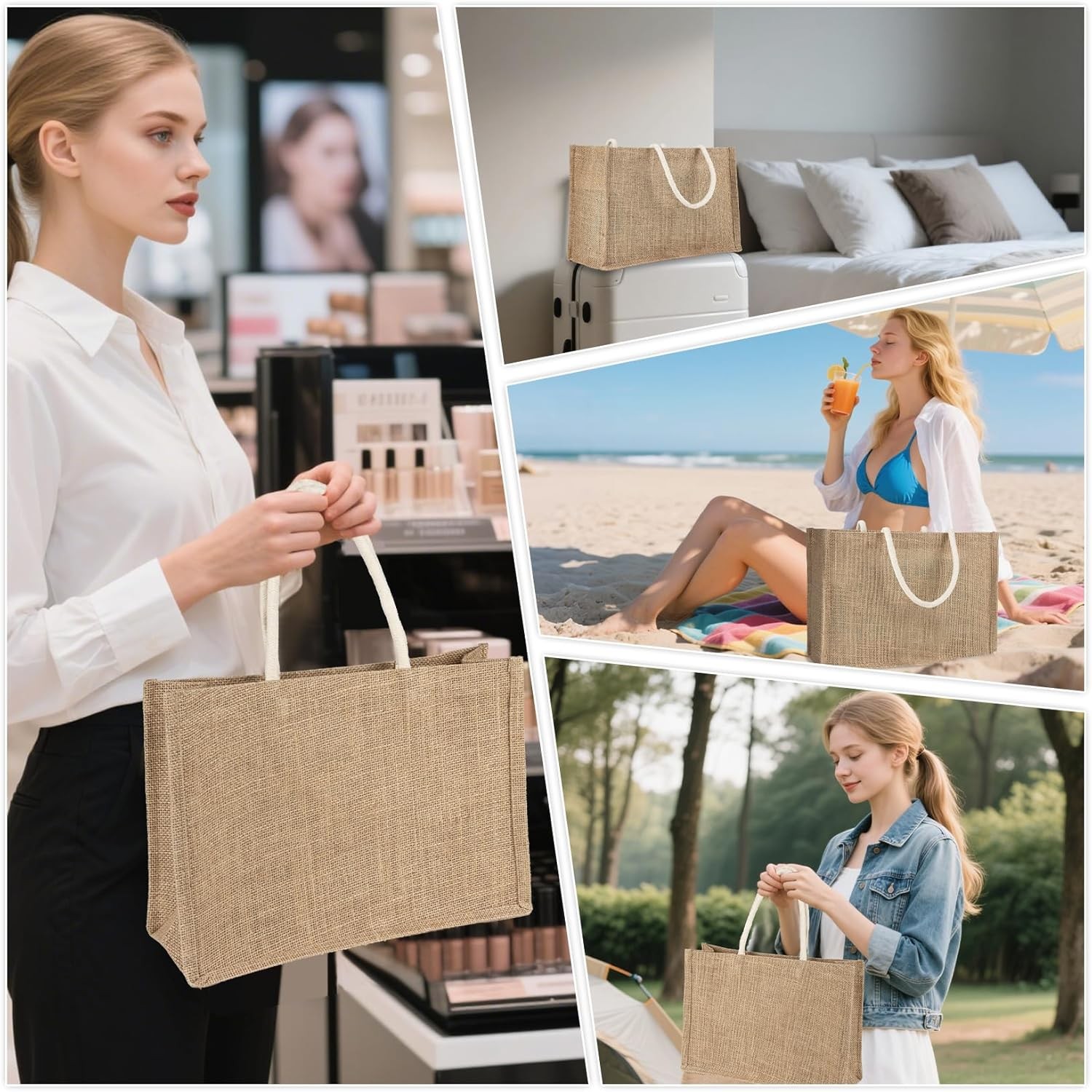 Burlap Tote Beach Bag Waterproof Jute Straw Bag Reusable Shopping Travel Gift