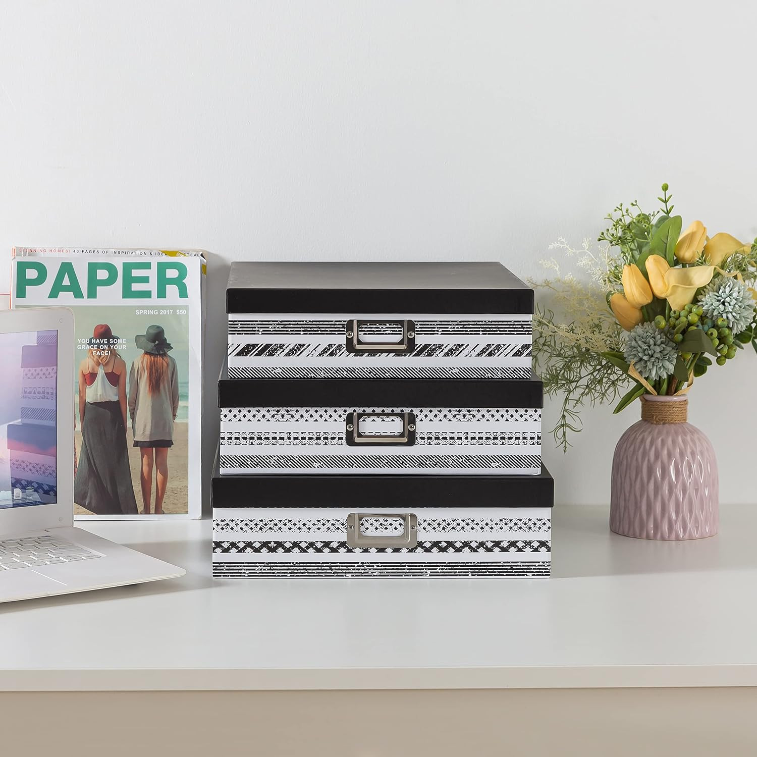 Nesting Black and White Storage Box Set of 3 for Photos and Keepsakes