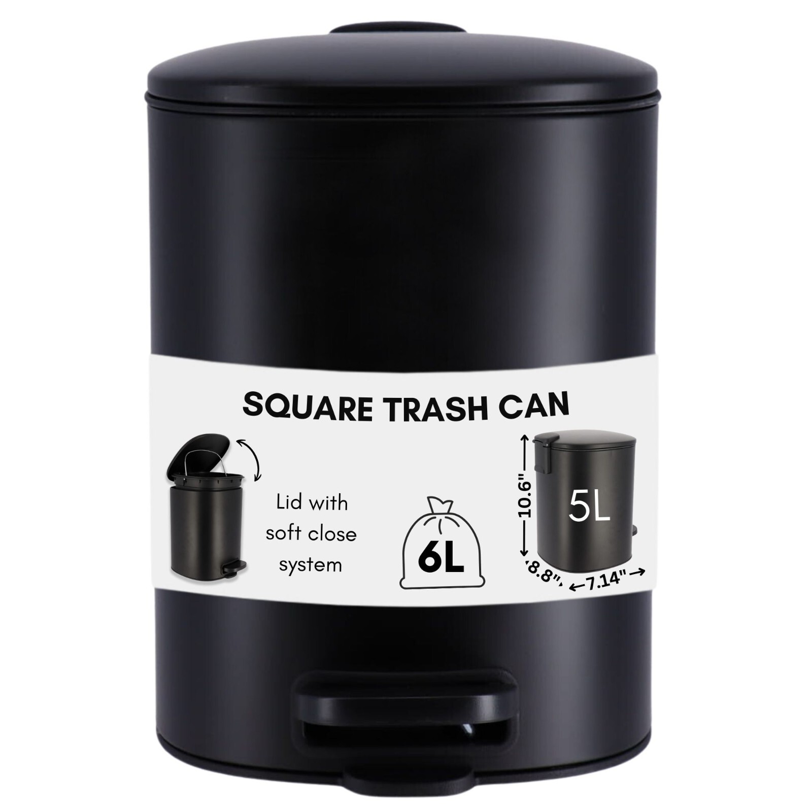 Square Metal Trash Can, Silent Soft Close Lid, 5L – 1.3 Gal Capacity, Foot Pedal