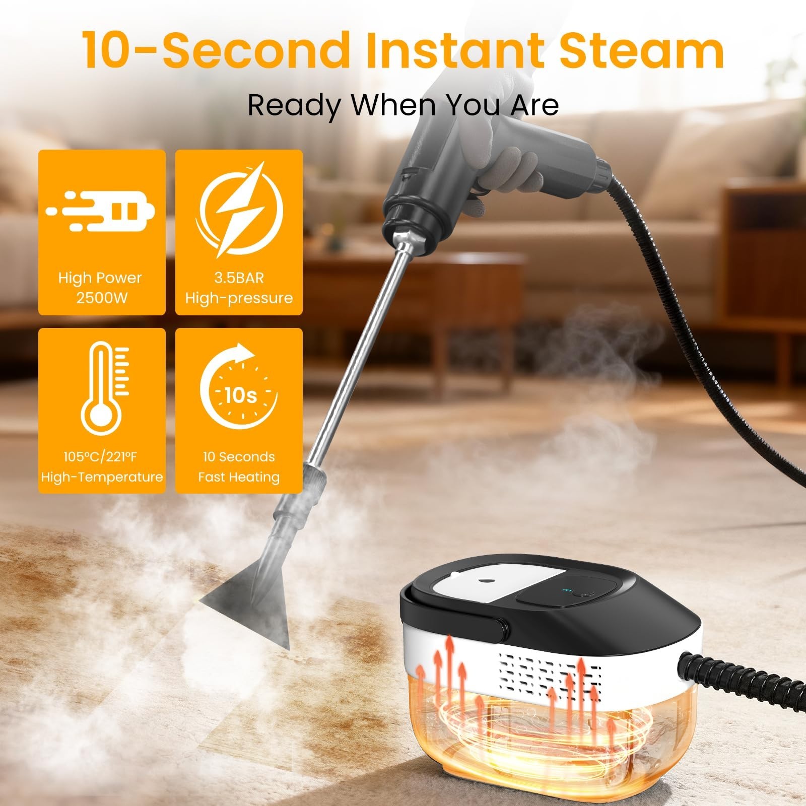Powerful 2500W Handheld Steam Cleaner – 1.6L, 10s Heat-up, 19 Accessories, Chemi