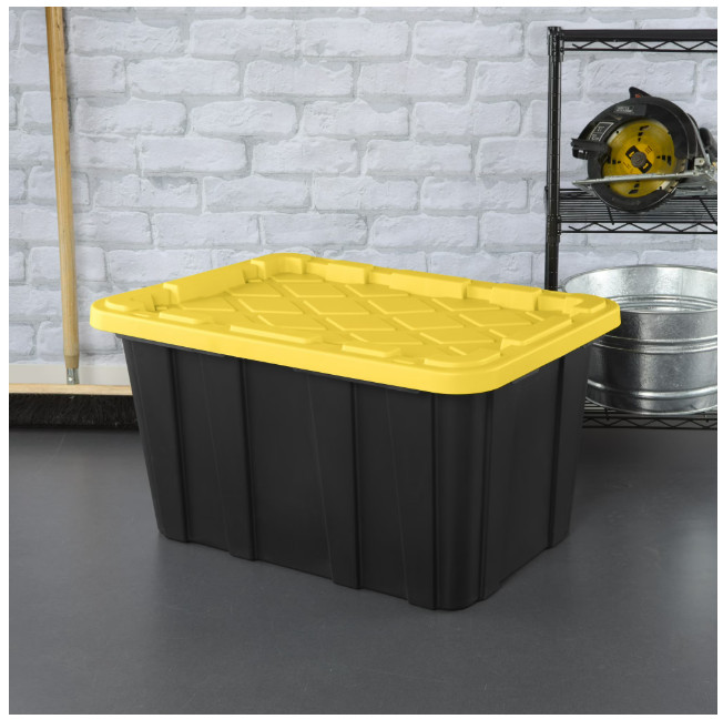 Sterilite 27 Gal Storage Tote Snap-On Lid Black/Yellow 6 Pack