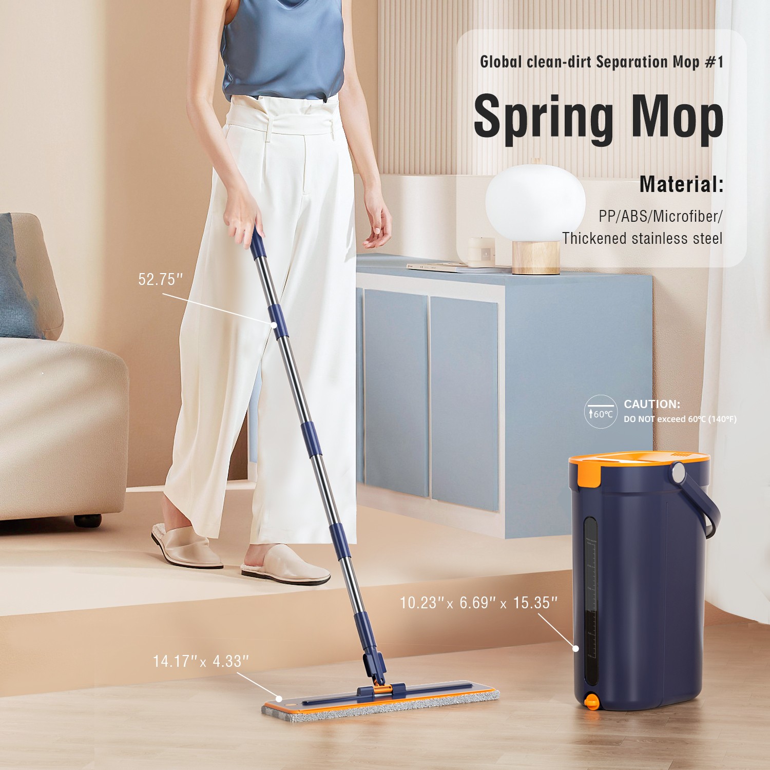Hands Free Flat Mop and Bucket Set Floor Cleaning with 2pcs Microfiber Mop Pads