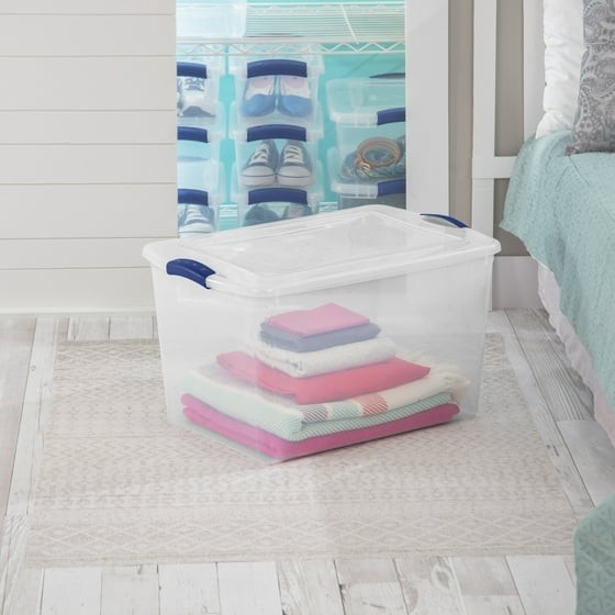 Large Storage Bin, 66 Quart Clear Plastic Storage Container with Latch Lid, Blue