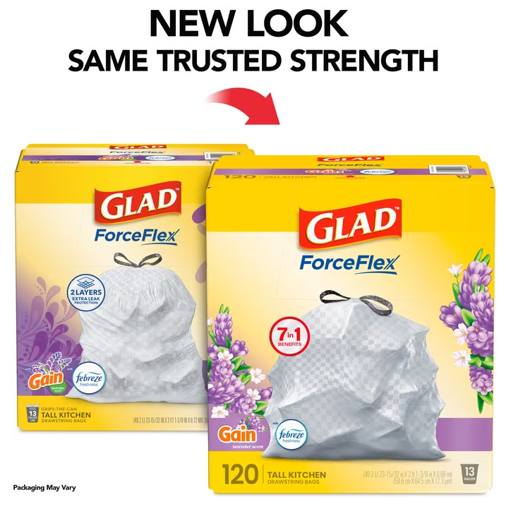 Glad ForceFlex Tall Kitchen Drawstring Trash Bags, 13 Gal, Gain Lavender, 120 Co