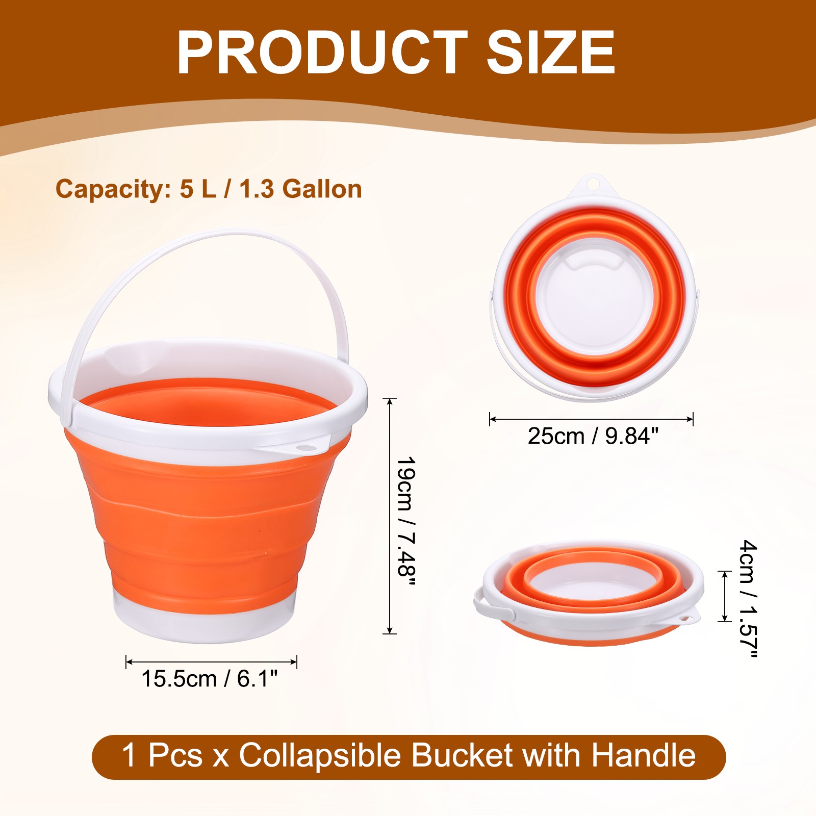 Collapsible Bucket 1.3 Gallon (5L) Small Foldable Bucket with Handle Orange
