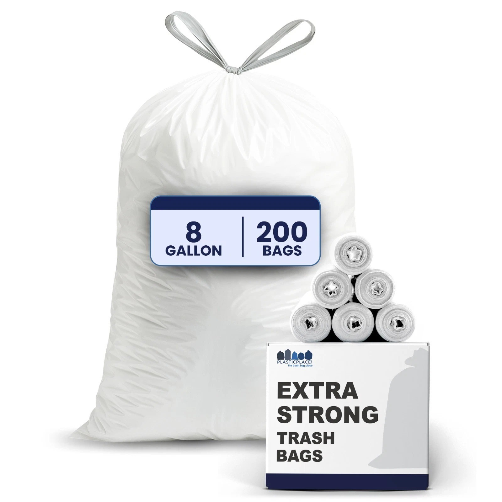 Plasticplace 8 Gallon White Trash Bags, 0.7 Mil, 200 Case