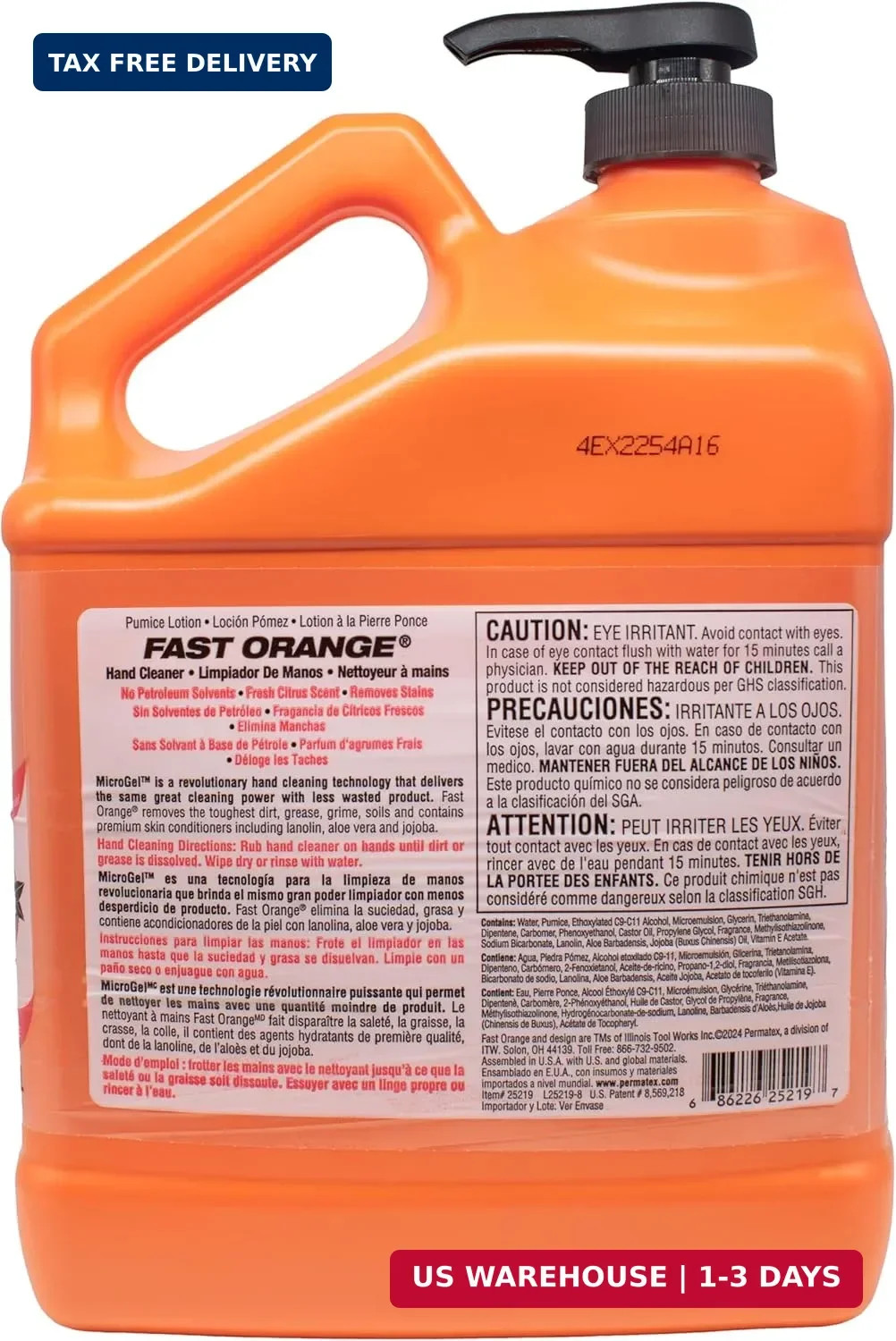 Fast Orange 25219 Pumice Lotion, Heavy Duty Hand Cleaner, Natural Citrus Scent,
