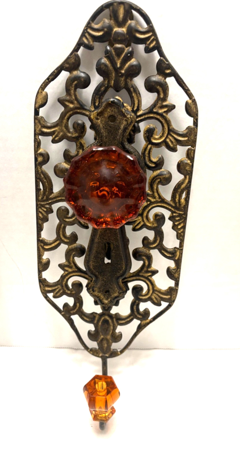 1,2 or 3 Vtg Style WALL HOOK(s) Amber Glass Door Knob Keyhole Scroll Back Hanger