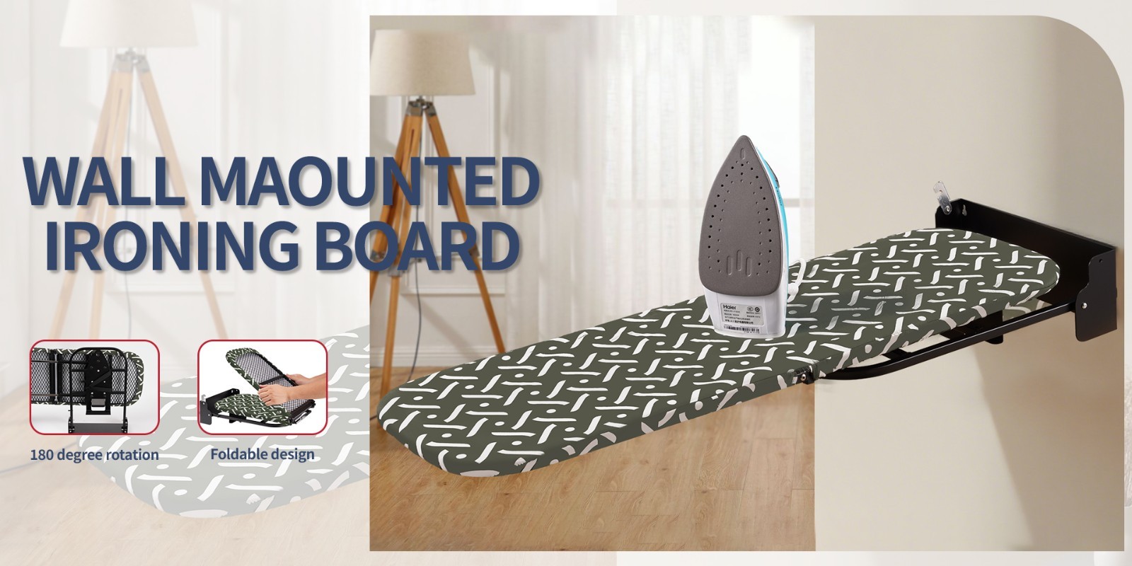 Wall-Mounted 180° Rotating Steel Frame Folding Ironing Board with iron holder