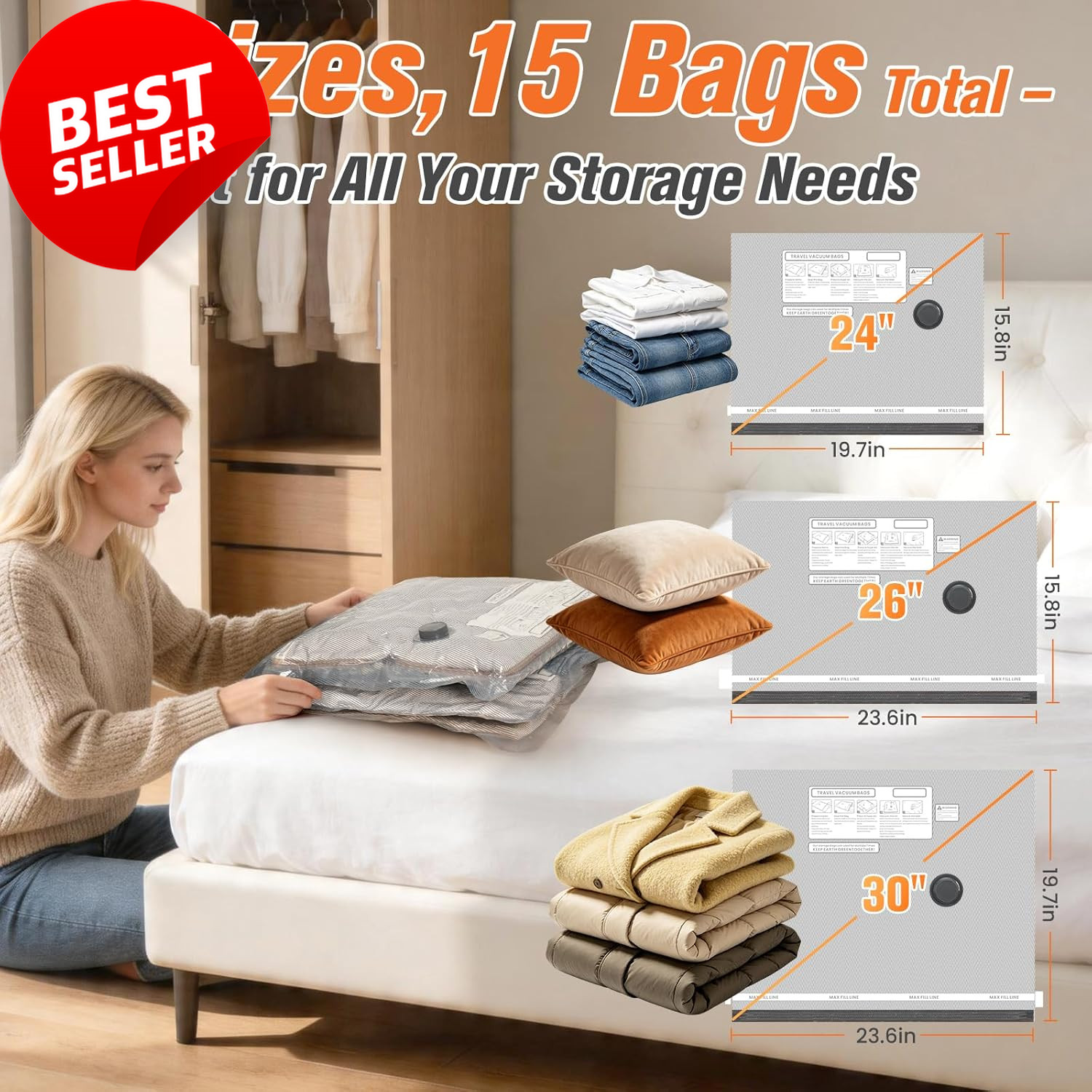 15 Pack Vacuum Storage Bags w Cordless Pump Travel Compression Bags