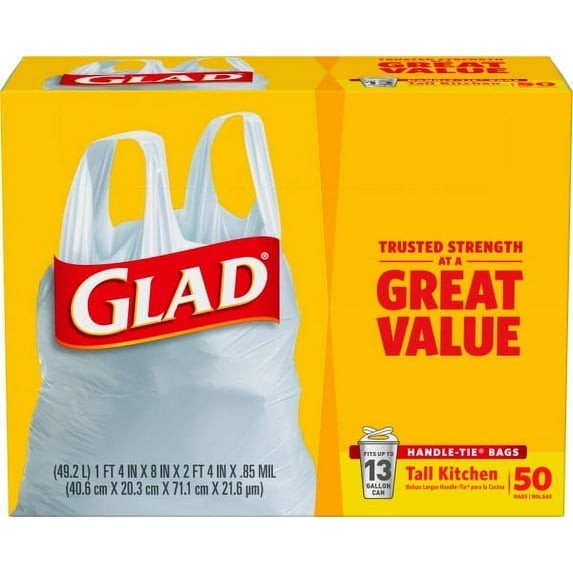 Glad Tall Kitchen Handle-Tie Trash Bags -13 Gallon White, 50 Ct