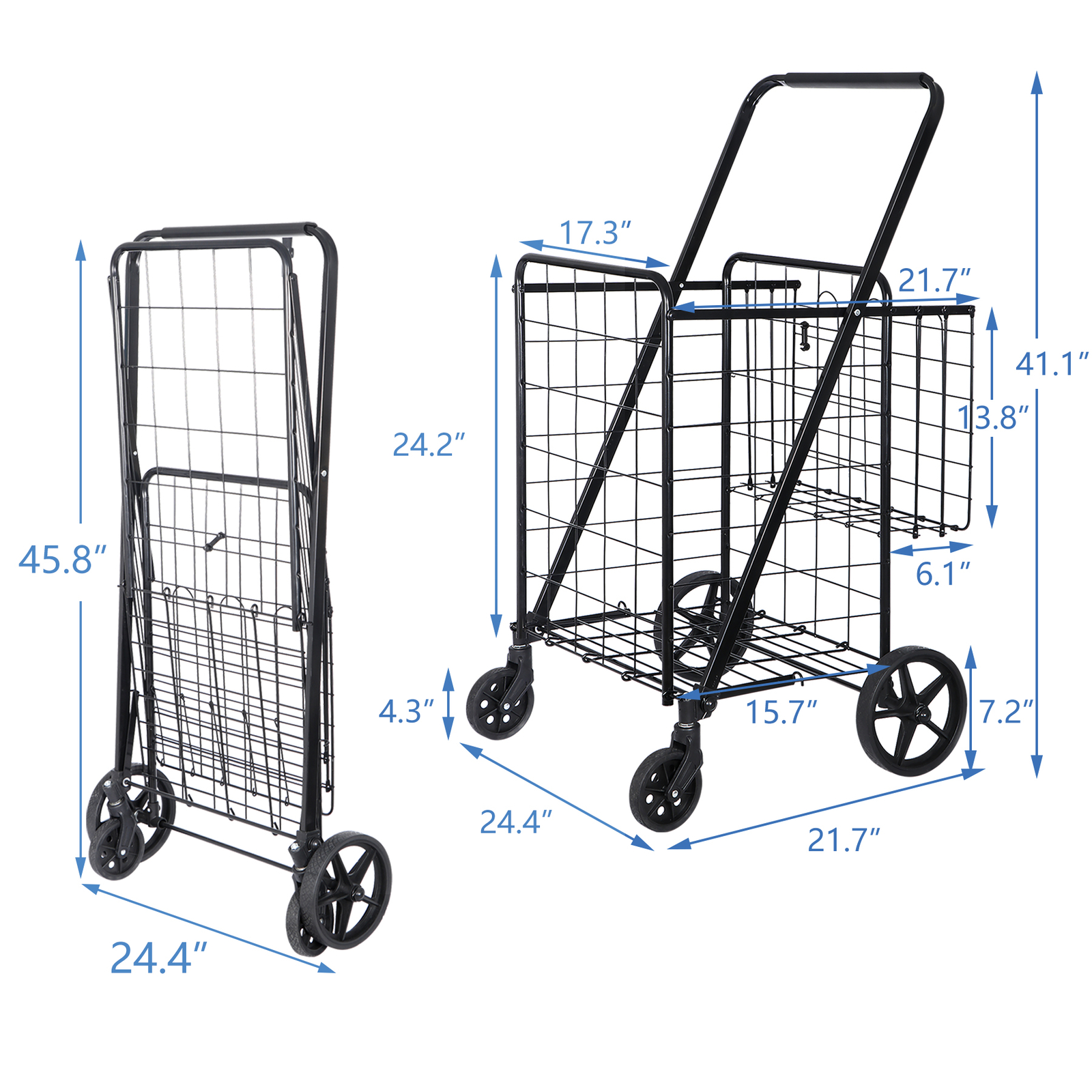 Folding Shopping Cart Rolling Trolley Utility 2 Basket W/Wheel for Laundry Black