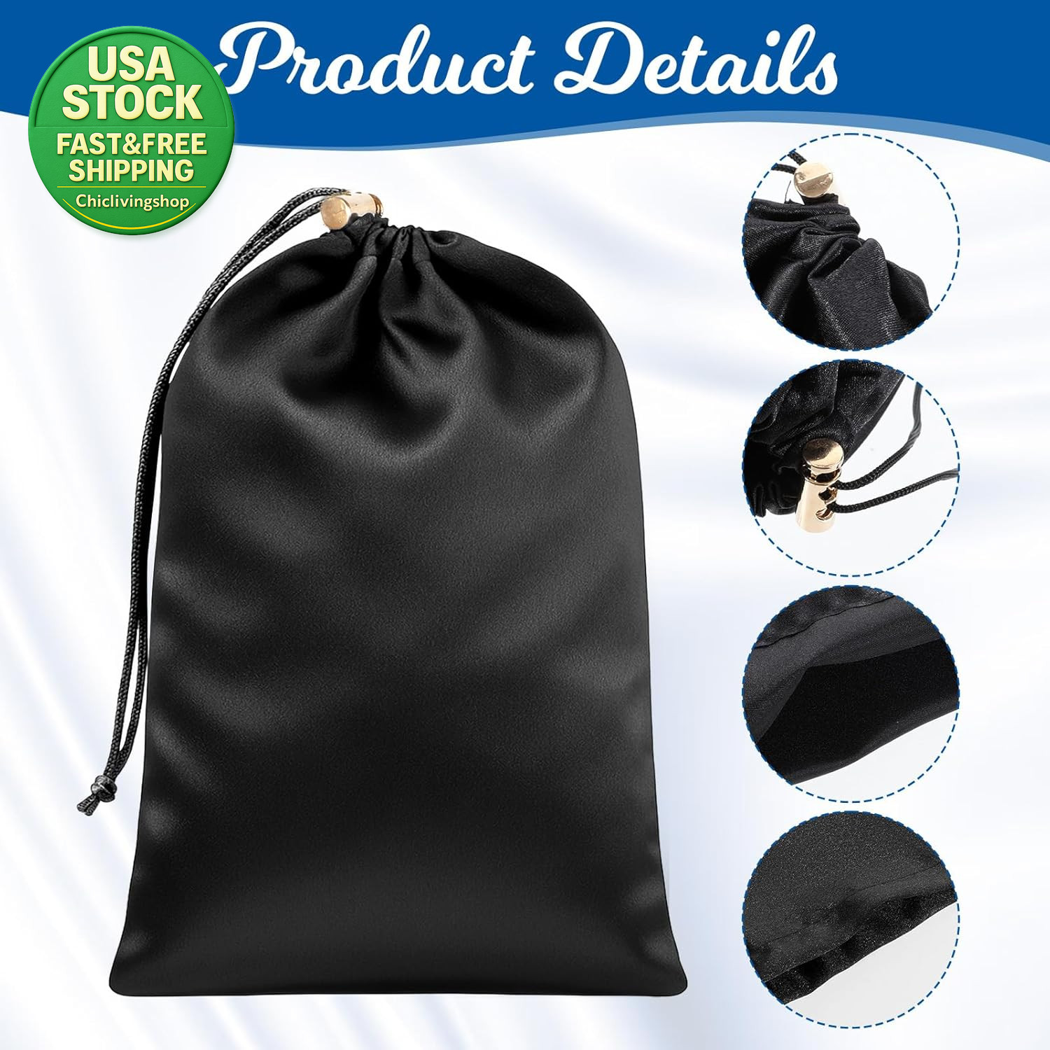 Toy Storage Bags Satin Silk Drawstring Pouch 6 Pcs Adjustable Microfiber Black