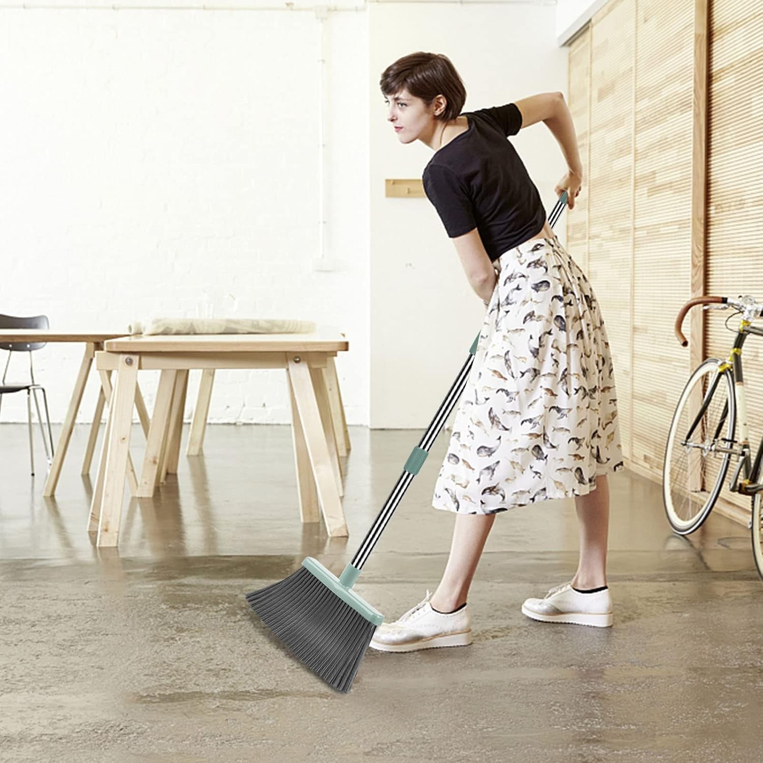 Broom and Dustpan Set Upright Sweeping Combo with Self Cleaning Teeth for Home