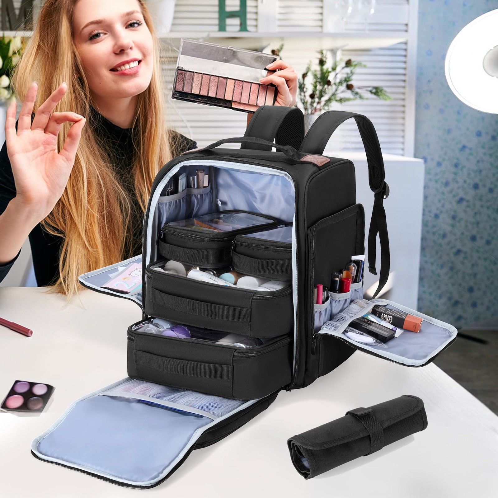 BAFASO Makeup Backpack with 4 Removable 12″L x 7.75″W x 14.25″H, Black