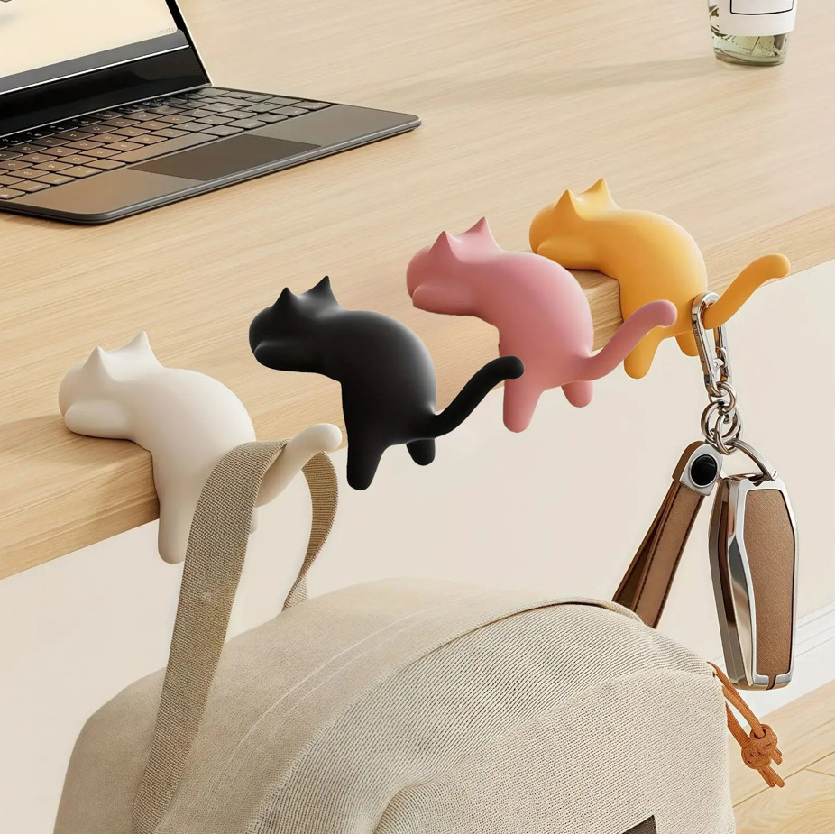 1/4PCS Cute Cat Desktop Hook – No-Drill Multi-Use Holder for Keys & Bags