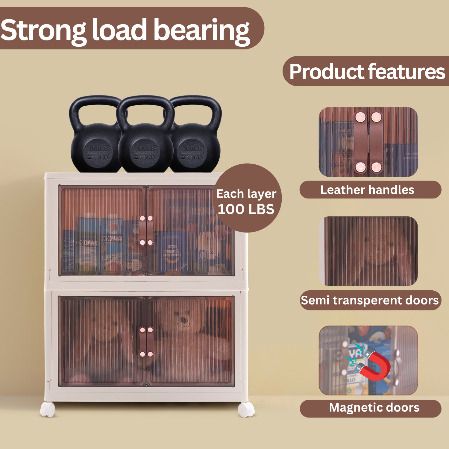3 Pack – Collapsible Storage Cabinet – Foldable Storage Bins with Doors – 95 QT