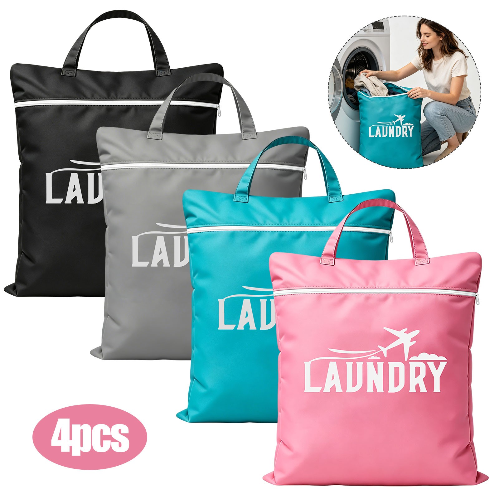 4Pcs Large Travel Laundry Bags Waterproof Dirty Clothes Storage Tote with Zipper