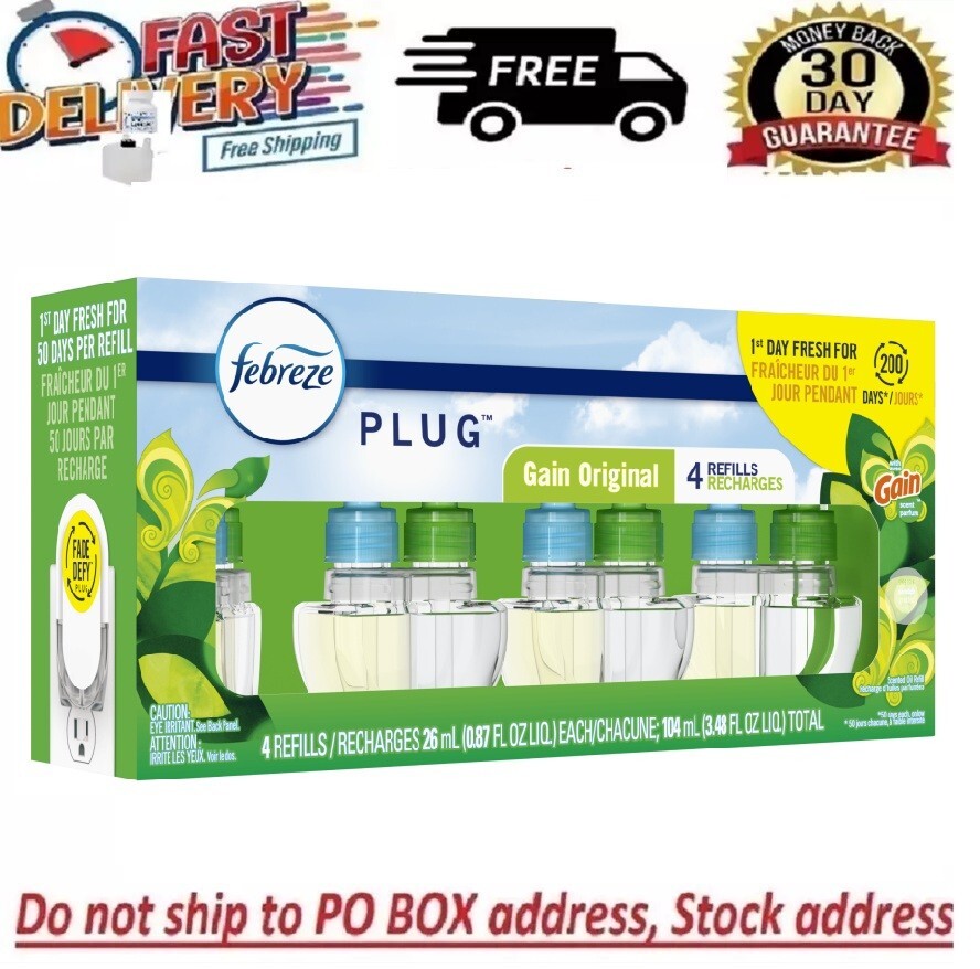 Febreze Plug In Air Freshener, Odor-Fighting Scented Oil Refill, Gain, 4 Refills