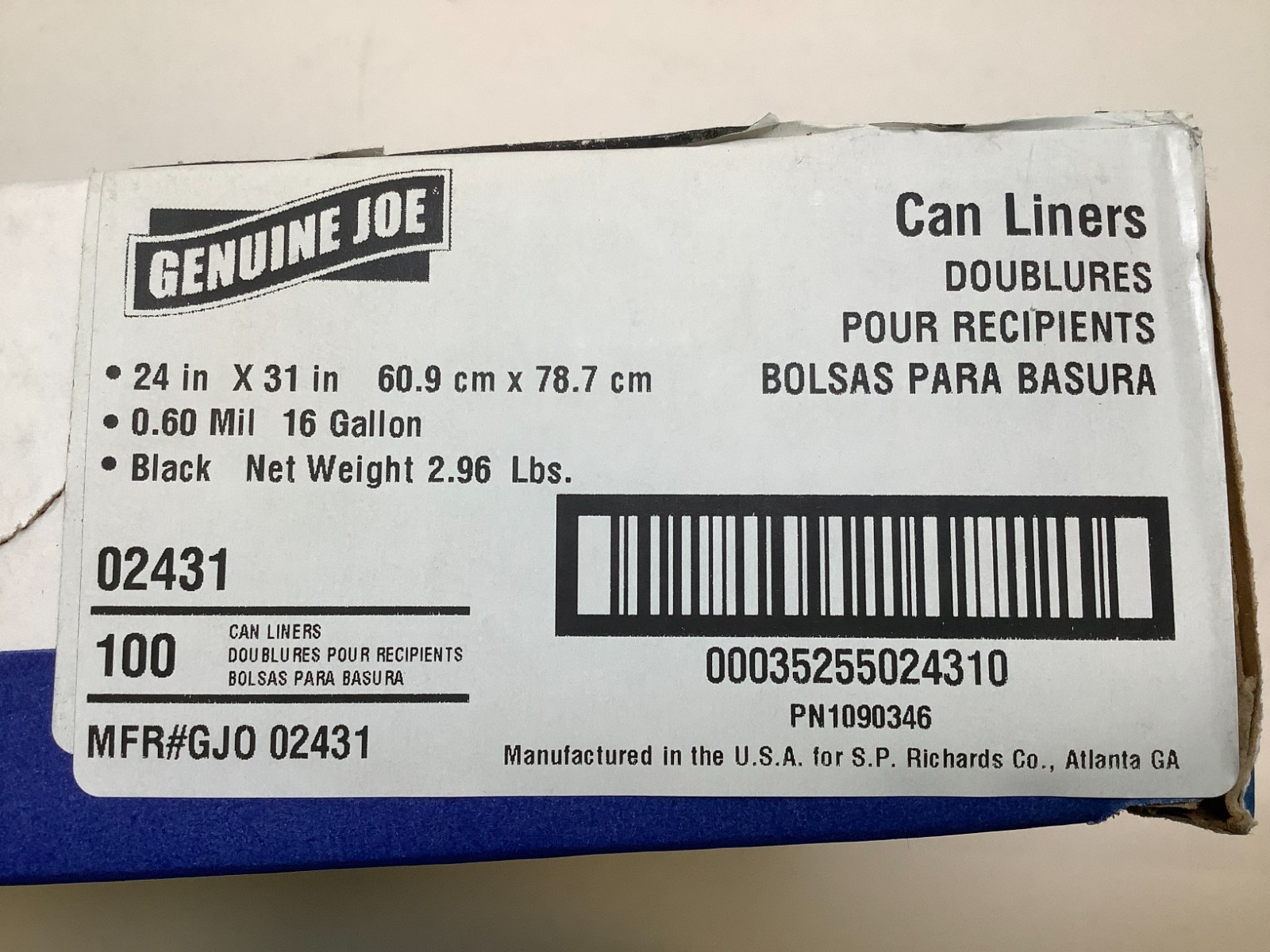 Genuine Joe (02431) Can Liner, Black, 16gal, 24″x31″, 100ct Case, Lot of 2