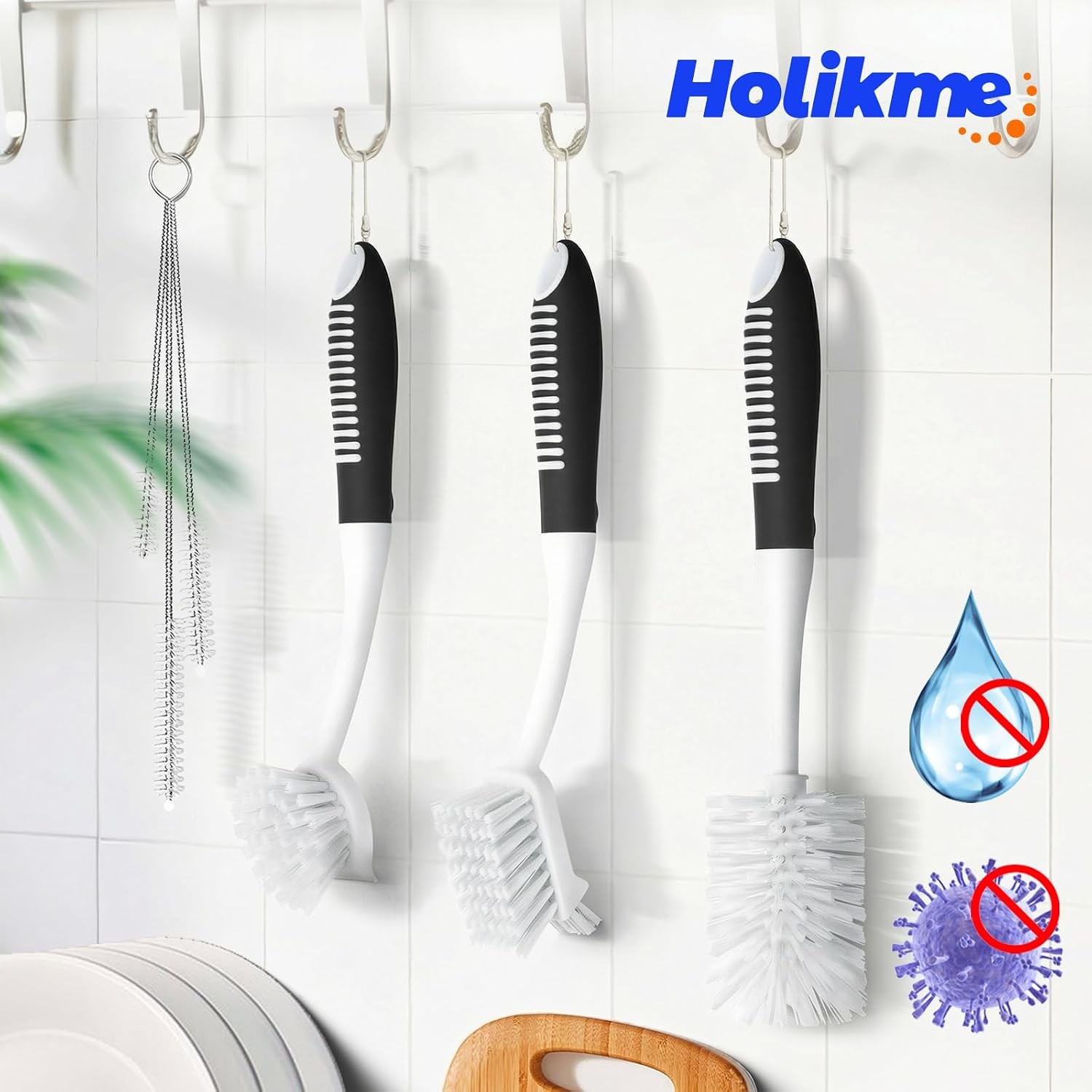 Holikme 6-Pack Dish Brush Set: Bottle, Pan, Straw Brushes – Black