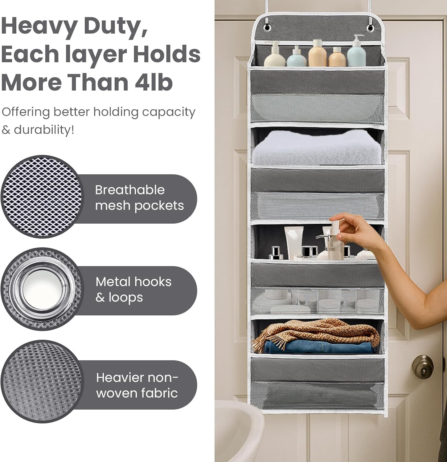 Over Door Organizer, 4-Shelf Mesh Storage Rack with Side Pockets Grey