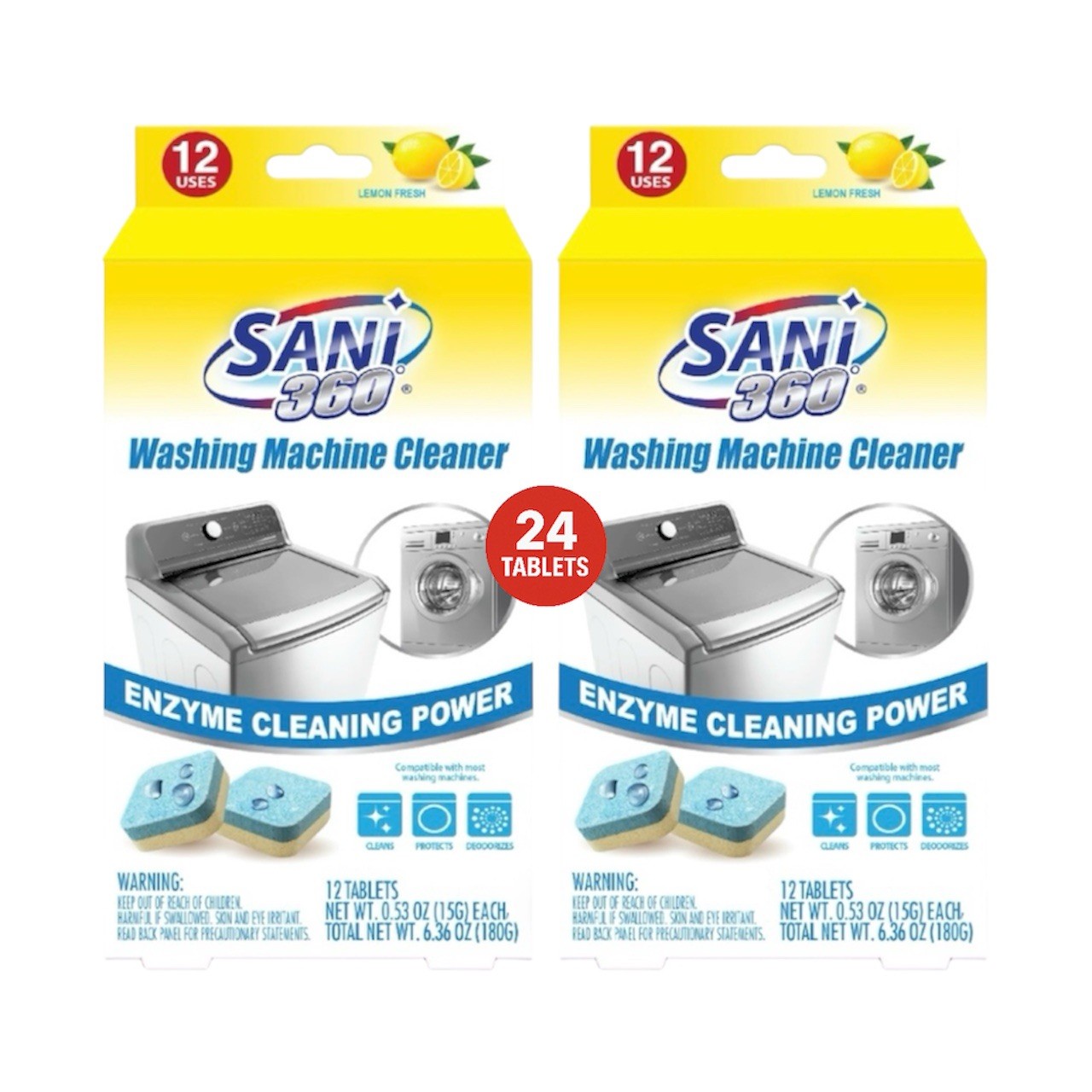 SANI 360° Washing Machine Cleaner, Lemon Fresh Scent, 24 Count