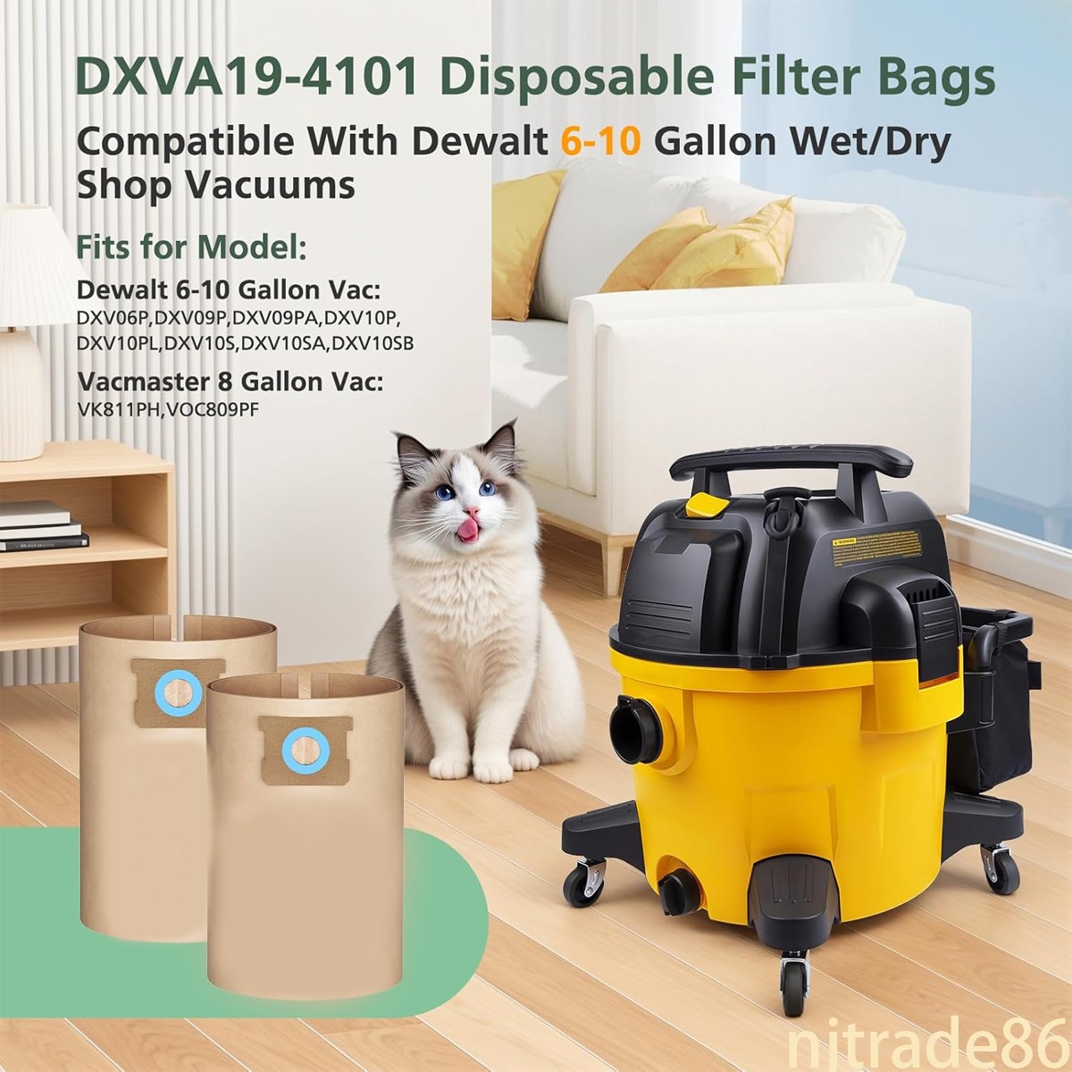 DXVA19-4101 Vacuum Bags For DEWALT 6-10 Gallon Wet/Dry Shop Vacuums, Filter Bags