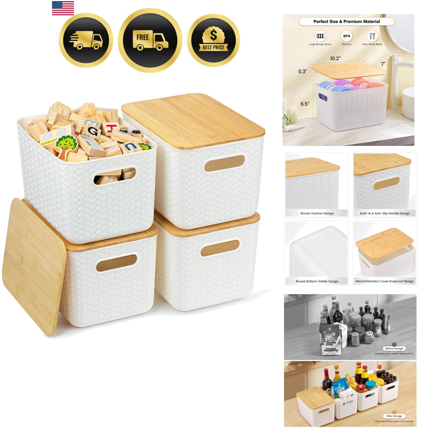 4 Packs Storage Bins with Bamboo Lids – Plastic Storage Containers with Lids …