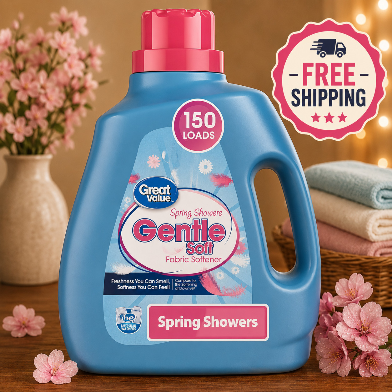 Great Value Gentle Soft Fabric Softener Spring Showers 111oz 150 Loads