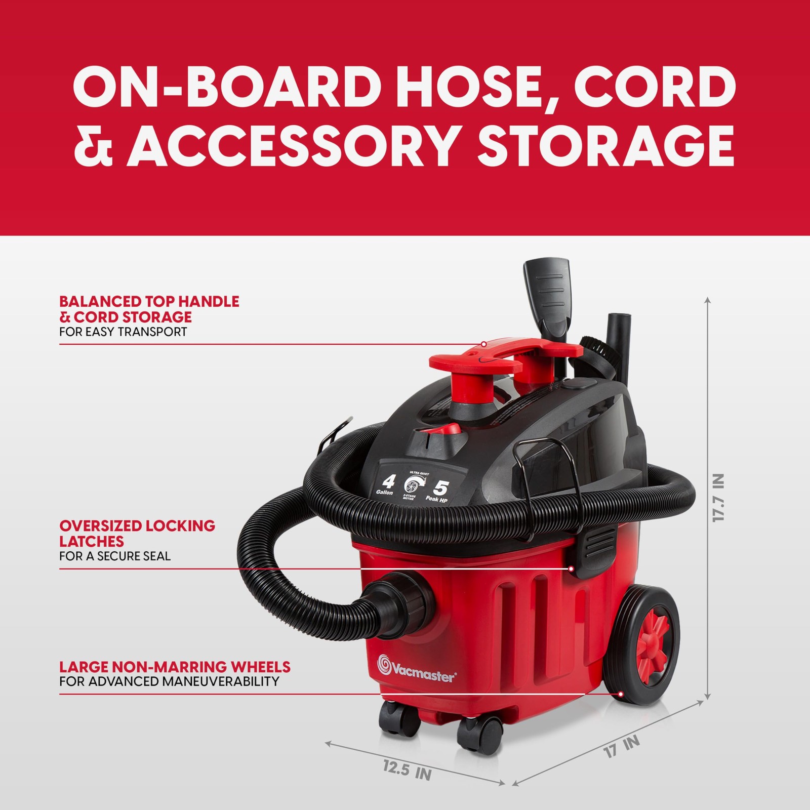 Household Wet Dry Vacuum 4 Gallon 5 Peak HP Powerful Motor 25 Ft Reach