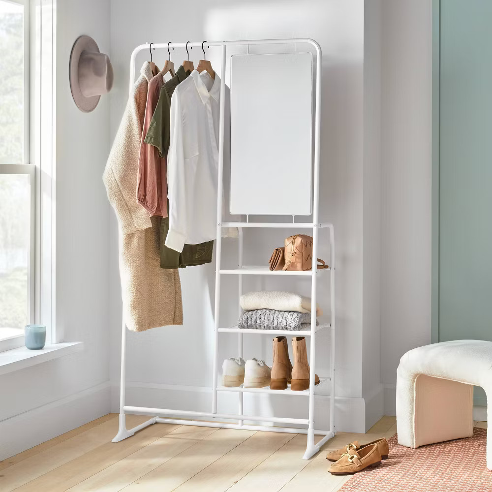 Metal Garment Rack with Mirror and Shelving White – Brightroom