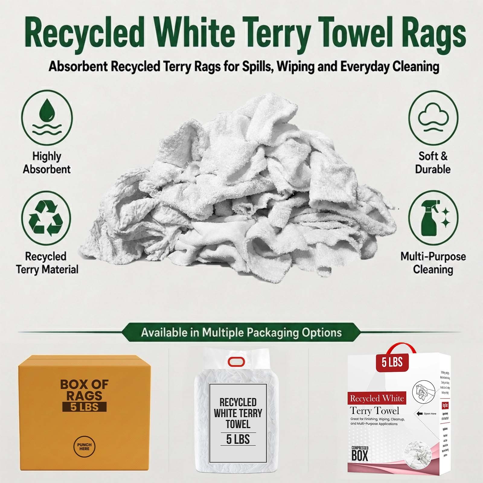 Recycled White Terry Towel Cleaning Rags – Bulk Cotton Shop Towels in Bags