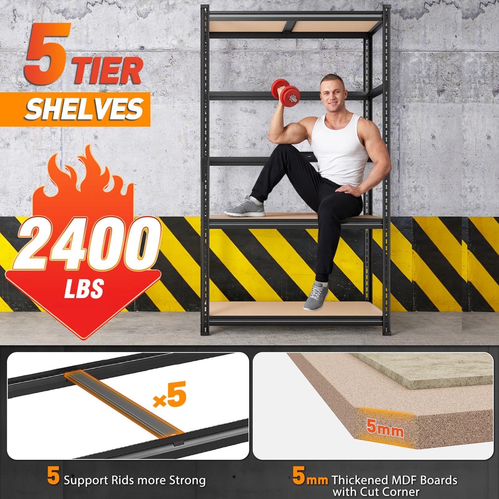 2400LBS Heavy Duty 5-Tier Adjustable Garage Shelving Unit | 36″x16″x72″ Storage