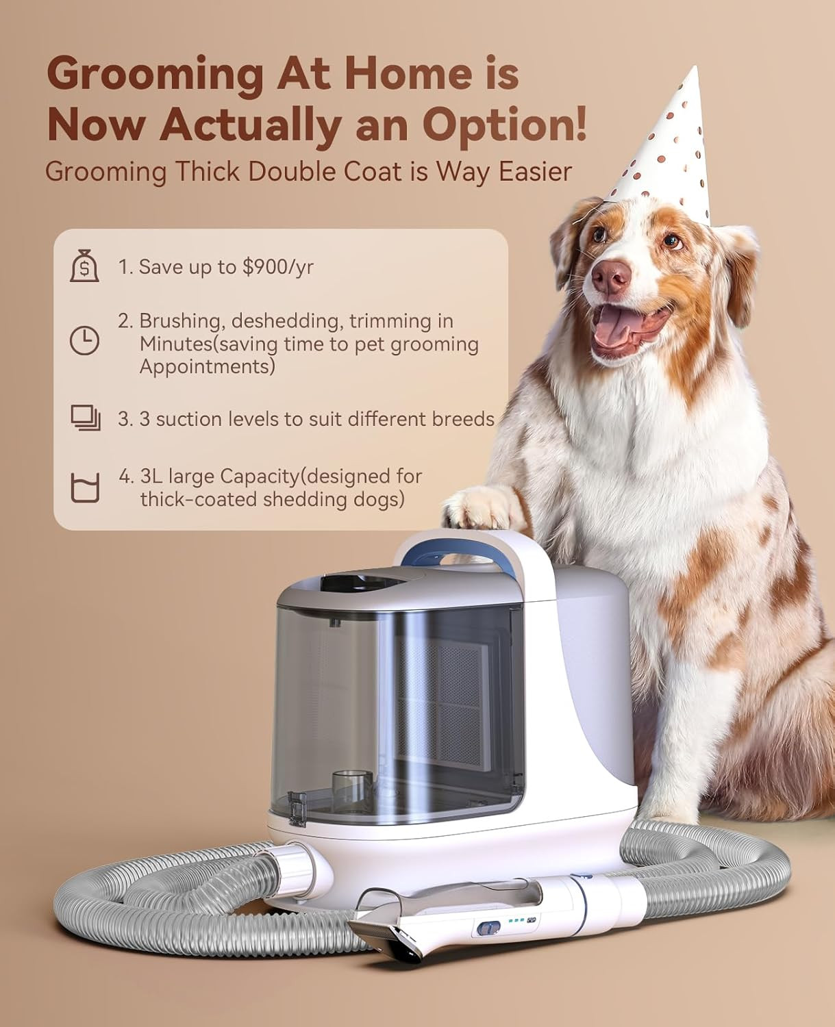 Dog Grooming Vacuum, 13000Pa Extra Large 3L Dust Cup Pet Vacuum with Clipper Nai