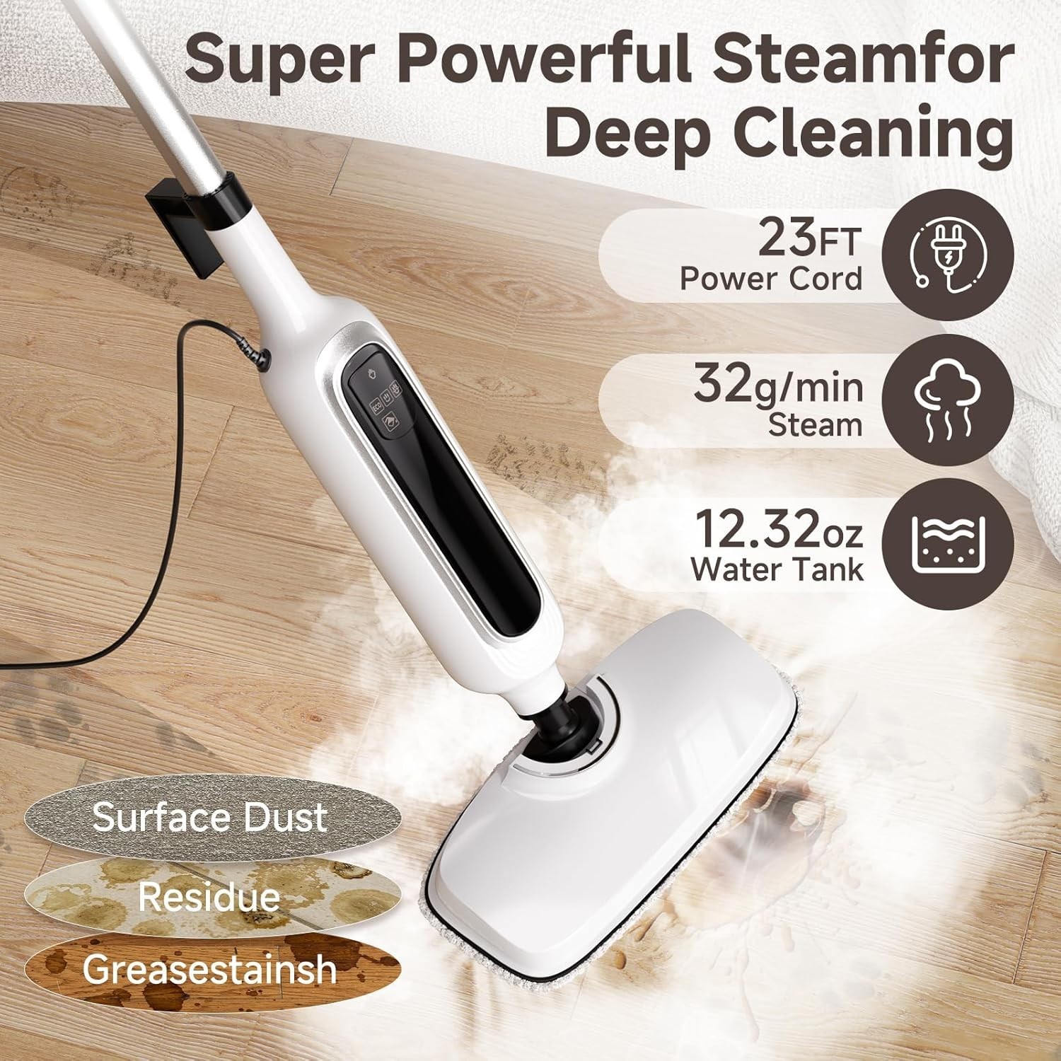 12-in-1 Steam Mop, Detachable Handheld Steam Cleaner for Home, 23FT Cord, 3 S…
