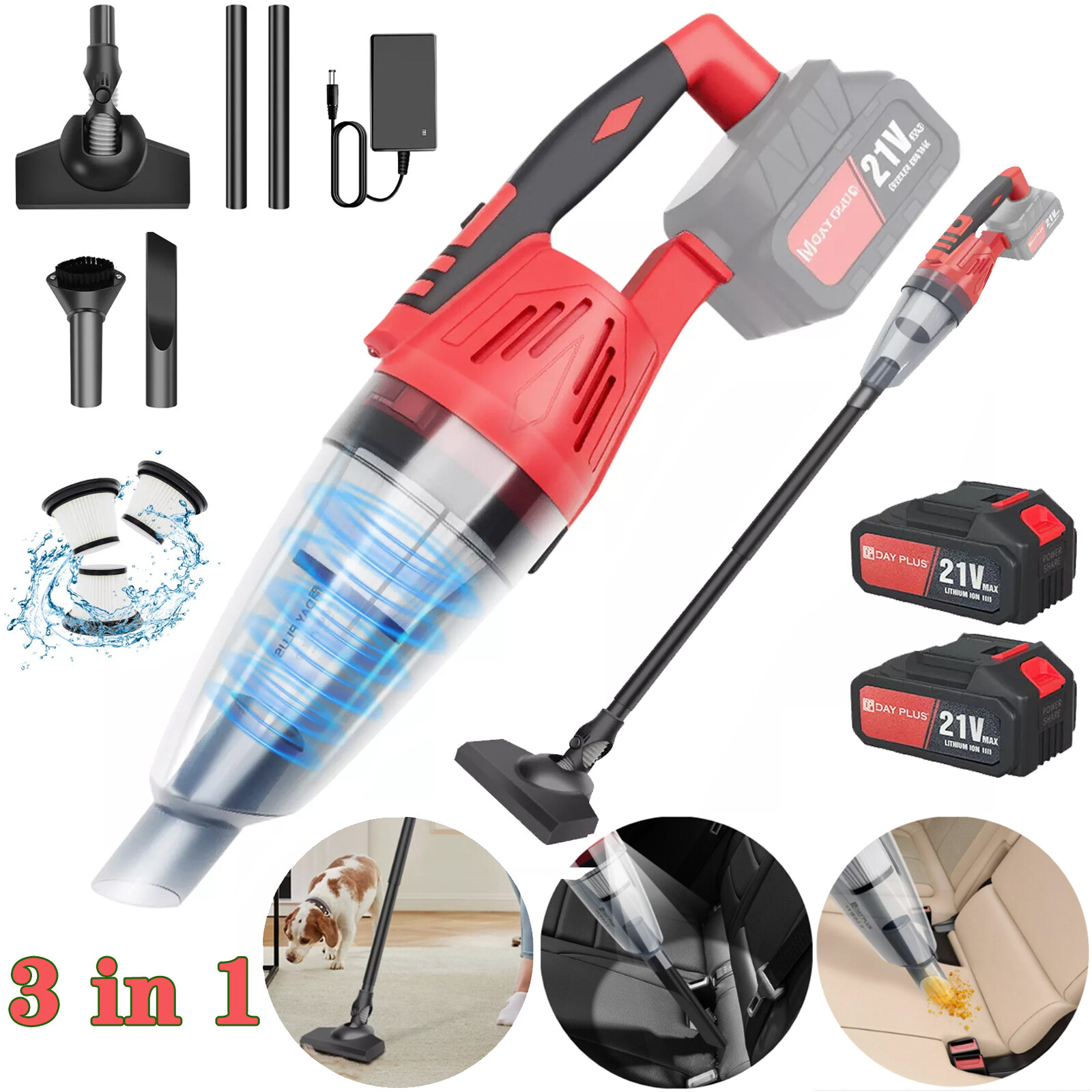 3 in 1 Cordless Vacuum Cleaner Rechargeable Lightweight Stick Vacuum Cleaner LED