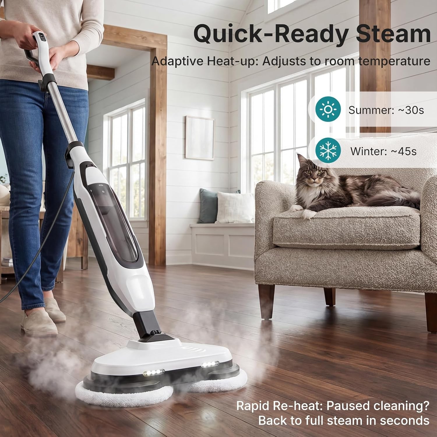 OLIXIS Electric Steam Mop Floor Cleaner w/Rotating Pad&2 LED Light&4 Clean Mode