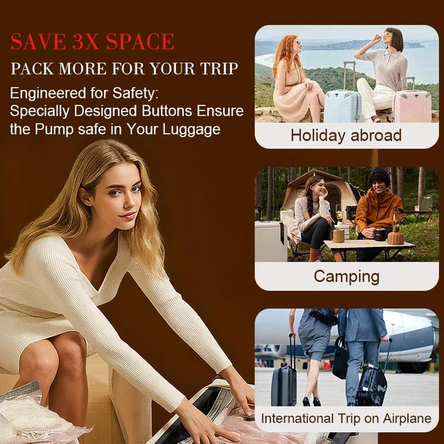 15 Pack Travel Vacuum Bags with Rechargeable Pump 3 Sizes for Clothing