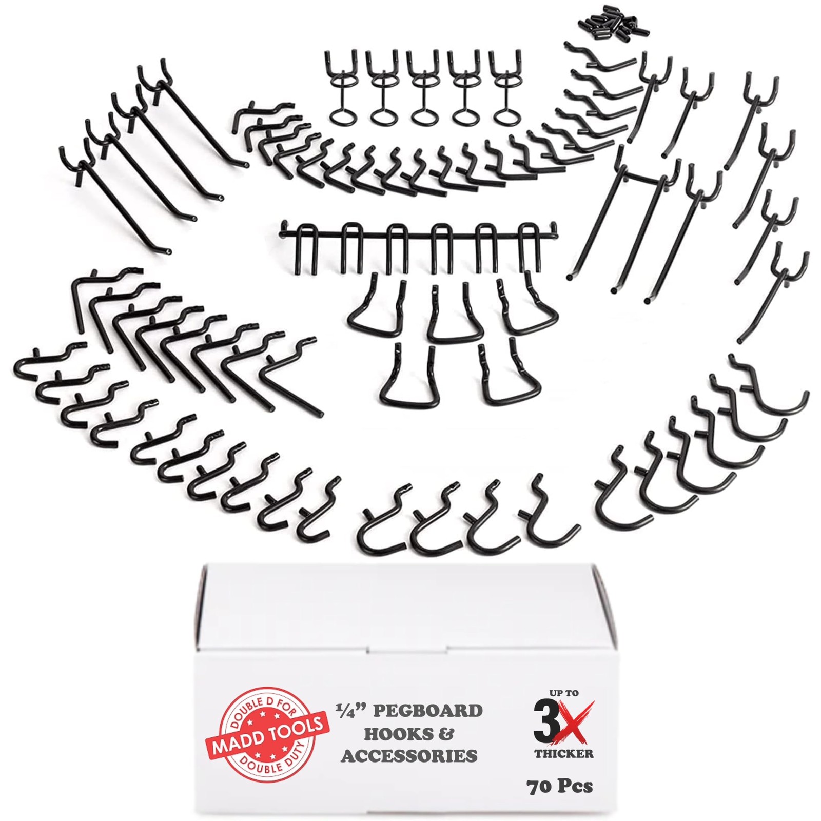 70 PCS Extra Thick Black 1/4 Inch Pegboard Hooks Heavy Duty Tool Organization