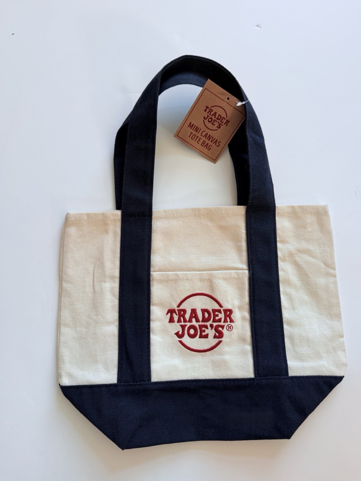 Trader Joe’s Navy and Cream Mini Canvas Tote Natural Logo Bag Rare Brand New