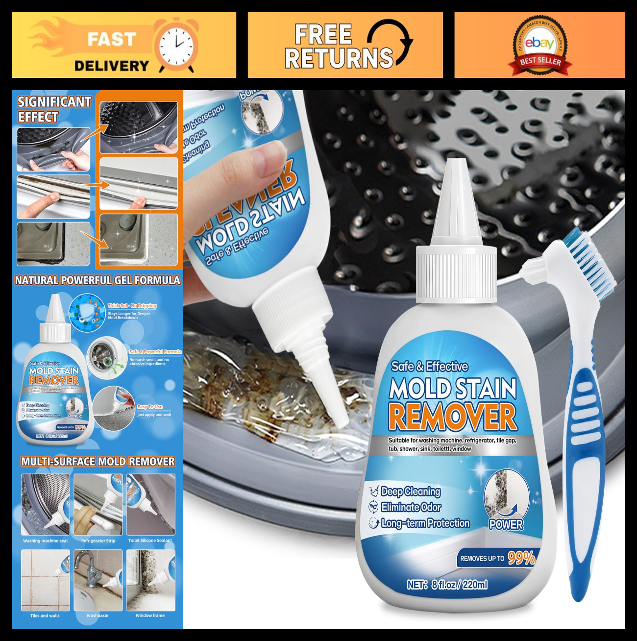 Mold Stain Remover Gel for Washer Seal & Bathroom Grout – No Scrub Deep Cleaner