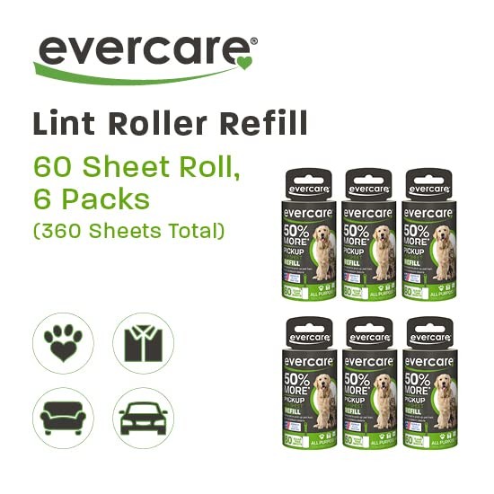 Pet Lint Roller Refill, Manual Operation, 60 Pack of 6 (360 Sheet Count)